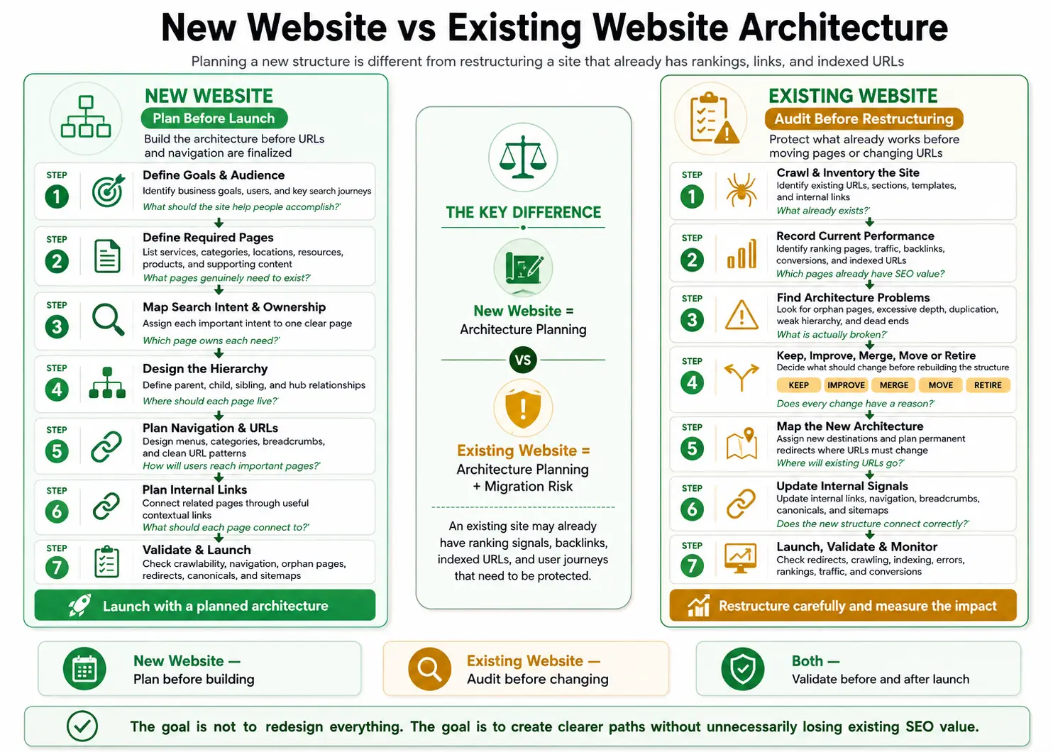 New website vs existing website SEO architecture workflow showing planning, auditing, restructuring and validation